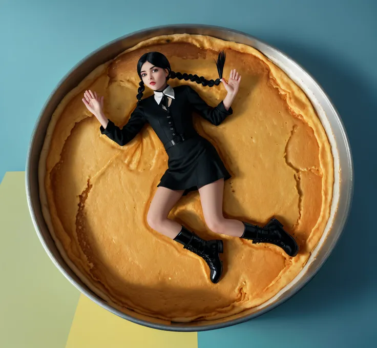 image of a woman in a black dress and black boots on a yellow glossy textured sugar cake, cake at the round metal can, girl with black pigtails, girl looks like wednesday addams, cake in a pan with a glossy yellow substance, sugar cake, pancake with a shor...