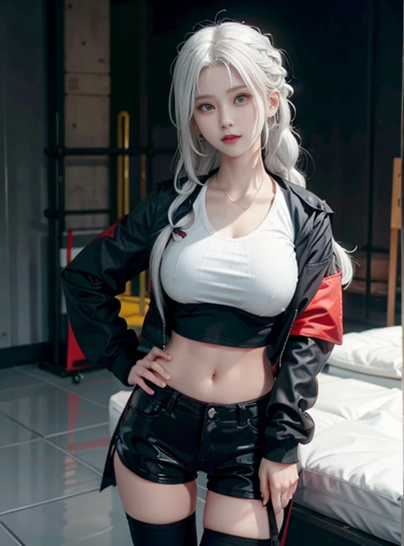 1girl, white hair, red eyes, navel, looking at viewer, hand on hip, black jacket, dolphin shorts, groin, (white shirt:1.2), braid, very long hair, wide hips, 
underboob, shirt, 
big(BodyProportions),