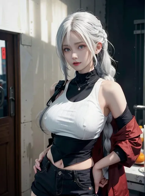 1girl, white hair, red eyes, navel, looking at viewer, hand on hip, black jacket, dolphin shorts, groin, (white shirt:1.2), braid, very long hair, wide hips, 
underboob, shirt, 
big(BodyProportions),