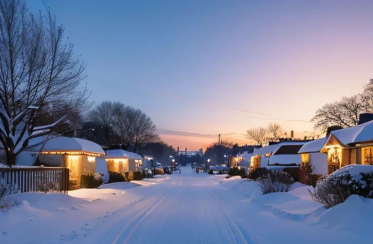 Wonderland Village，Village view，Lots of snow on the ground, magical village, well-lit building, Snowy winter,blanketed in a mantle of snow, quaint village, winter setting, Suffocating, very magical and dreamy, ,It will snow in winter,natural, Cold but beau...