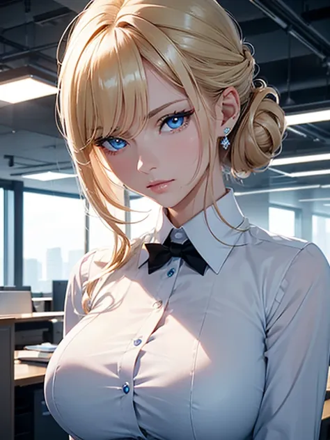 ultra detailed 8k cg, ultra realitsic, masterpiece, spotlight, office, cinematic lighting, cinematic bloom, professional photography, light blue eyes, blonde hair, updo hairstyle, swept-side bang, milf, elegant office worker, straight nose, thin lips, well...