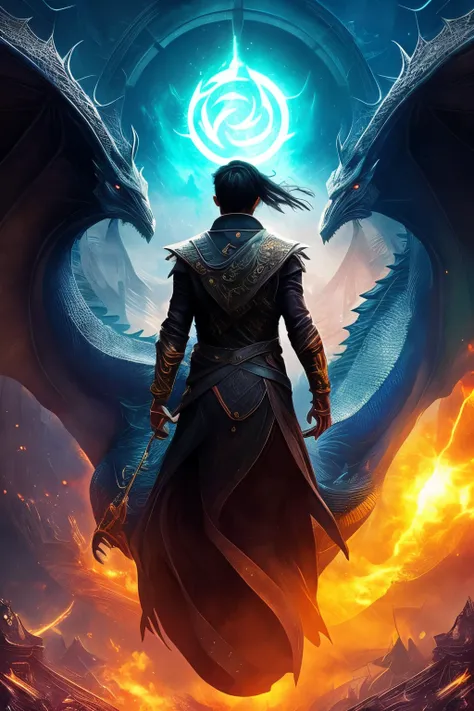 Cover art, 4k, a teenager with black hair, A mystical world floats behind him,  fantasy, New York, Dragon scales on his face, elements float around. Three phrases are on the cover “we must unite” “We must survive” and “We Must Grow”, epic,