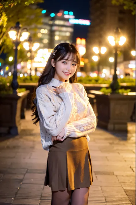 ulzzang -6500-v1.1, (Raw photo:1.2), (Photorealsitic), a beautiful detailed girl, (Real: 1.4), extremely detailed eye and face, beatiful detailed eyes, ((Illumination plaza at night:1.3)), (( Midwinter sweaters and skirts:1.3, Ultra-realistic pantyhose:1.2...