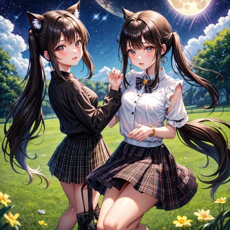 Black brown hair、poneyTail、verd s eyes、one good looking girl、独奏、animesque、lightly dressed、Plaid miniskirt、a black T-shirt、grass field、fullmoon、Meteor swarm、Glittering starry sky、rainbow butterfly flying