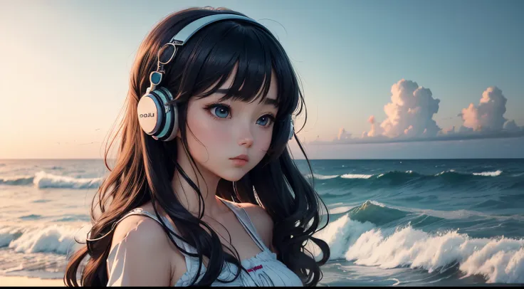 Anime girl listens to music with soft waves against a backdrop of calming ocean colors.