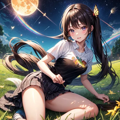 Black brown hair、poneyTail、verd s eyes、one good looking girl、独奏、animesque、lightly dressed、Plaid miniskirt、a black T-shirt、grass field、fullmoon、Meteor swarm、Glittering starry sky、rainbow butterfly flying