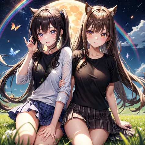 Black brown hair、poneyTail、verd s eyes、one good looking girl、独奏、animesque、lightly dressed、Plaid miniskirt、a black T-shirt、grass field、fullmoon、Meteor swarm、Glittering starry sky、rainbow butterfly flying