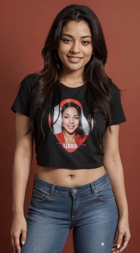 a woman smiling at the camera with a red background, ritu kumar-luna lauren velez-luciana carro-tamron hall-janel parrish merged, entire person visible, wearing a tshirt and jeans