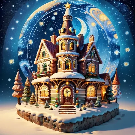 (tmasterpiece),（ultra - detailed：1.3），Best quality at best，（Sparkling:1.2），（Christmas village in dream fairy tale:1.4），(Van Gogh style Christmas architecture: 1.5),（The moon  empty），((Delicious sweets，Christmas tree, gifts, Christmas stockings, cute ginger...