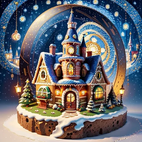 (tmasterpiece),（ultra - detailed：1.3），Best quality at best，（Sparkling:1.2），（Christmas village in dream fairy tale:1.4），(Van Gogh style Christmas architecture: 1.5),（The moon  empty），((Delicious sweets，Christmas tree, gifts, Christmas stockings, cute ginger...