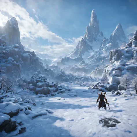 In the realm of God of War: Ragnarok, a majestic and awe-inspiring winter wonderland unfolds, blending the grandeur of Norse mythology with the serene beauty of a snow-covered landscape, glowing light, highres, best quality, 16k, UHD, masterpiece