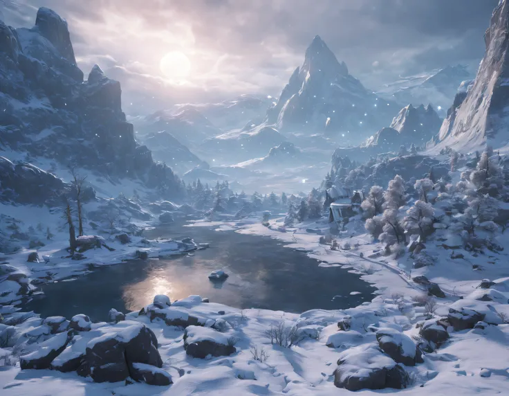 In the realm of God of War: Ragnarok, a majestic and awe-inspiring winter wonderland unfolds, blending the grandeur of Norse mythology with the serene beauty of a snow-covered landscape, glowing light, highres, best quality, 16k, UHD, masterpiece