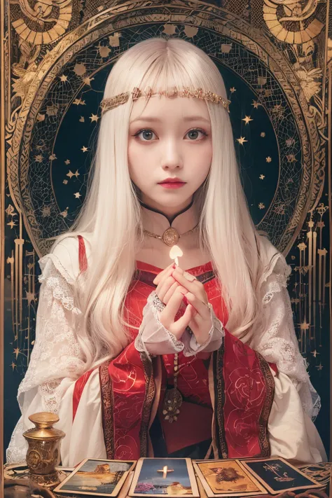 Mysterious woman doing tarot reading,Tarot Reading,cute  face,Blunt bangs, Straight hair, Shiny hair,Medieval mystery clothes,Mysterious fortune teller,Mysterious hermit,White Magician,magical lights,albino,Red Eyes,Red glowing eyes,Magical powers,