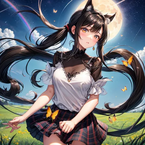 Black brown hair、poneyTail、verd s eyes、one good looking girl、独奏、animesque、lightly dressed、Plaid miniskirt、a black T-shirt、grass field、fullmoon、Meteor swarm、Glittering starry sky、rainbow butterfly flying