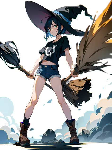 cute anime girl, front view, standing, breaking a witches broom with one knee, short hair, denim shorts, t-shirt, full body, dynamic pose, 8k