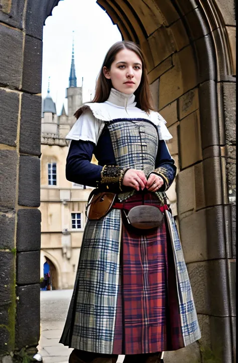 realistic, scottch highlander girl medieval clothes in fron of palace 1740