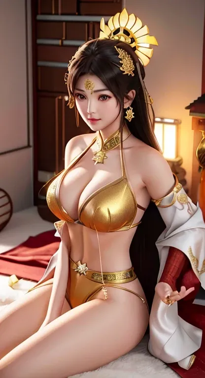 Araf asian woman in golden bikini sitting on bed, Trending on CGSTATION, a beautiful fantasy empress, 8k octae render photo, 8K lighting, wlop. 4 k, intricate wlop, fanart best artstation, wlop glossy skin, 8k high quality detailed art, goddess of Japan, b...