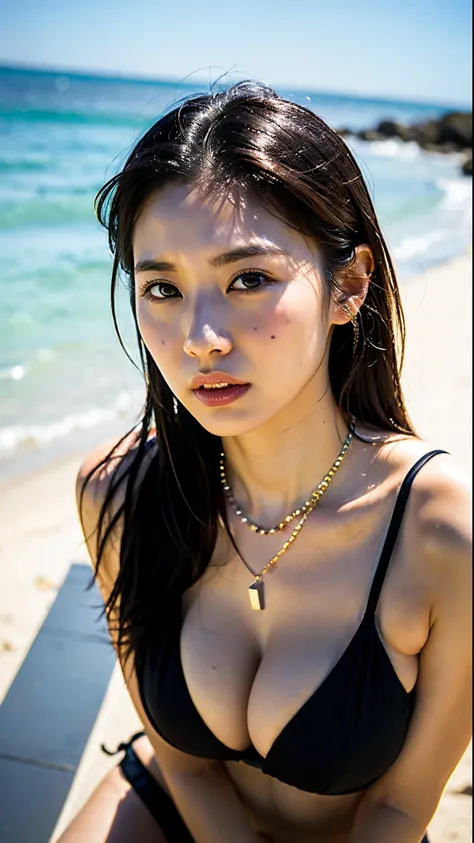 (Best Quality, 8K, 32 k, Masterpiece, UHD:1.2),Pretty Korean Woman Photo, Busty breasts, Long drooping black hair,upper half body,sface focus, necklaces, wearing bikini, Beach background, from above, looking up at viewer,