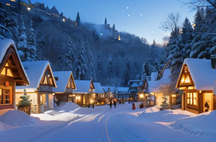 Wonderland Village，Village view，Lots of snow on the ground, magical village, well-lit building, Snowy winter,blanketed in a mantle of snow, quaint village, winter setting, Suffocating, very magical and dreamy, ,It will snow in winter,natural, Cold but beau...