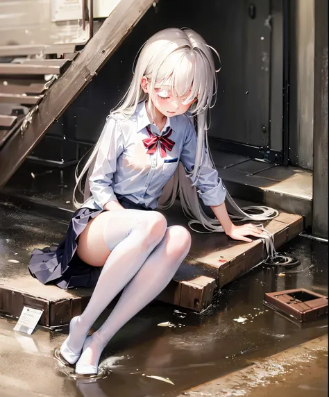 a girl in school uniform sits on the wet ground in a dirty and messy alley，the clothes were soaked with rain。white pantyhose wit...