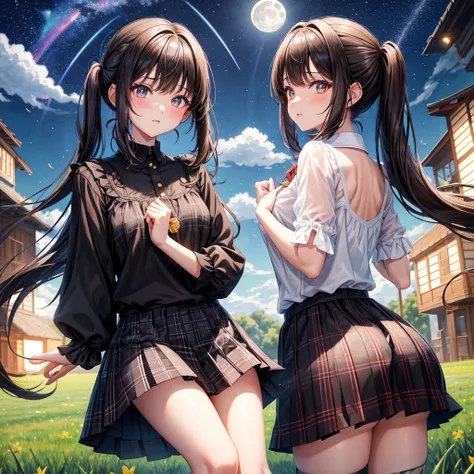 Black brown hair、poneyTail、verd s eyes、one good looking girl、独奏、animesque、lightly dressed、Plaid miniskirt、a black T-shirt、grass field、fullmoon、Meteor swarm、Glittering starry sky、rainbow butterfly flying、colorful accent