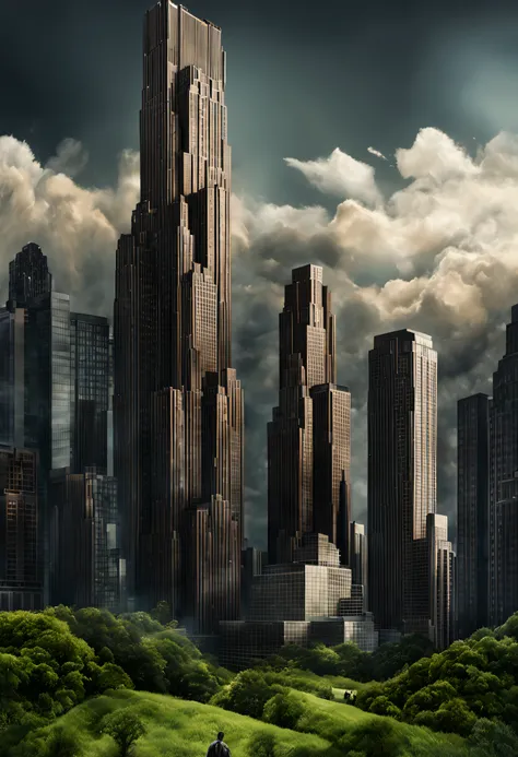 create a digital matte painting for a giant forest of a sci-fi movie set with giant skyscrapers next to the forest trees ,in the sky of this illustration, um astronauta masculino com uniforme branco voa com o foguete suitpac nas costas e voa baixo perto do...