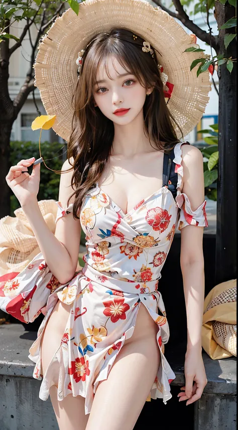 Sweet girl clothes6,print dress,, fashi-girl,red lips,mature female,makeup, ((cowboy shot)), (best quality,4k,8k,highres,masterpiece:1.2),ultra-detailed,realistic:1.37,portrait,beautiful girl,youthful female model,sweet girl,masterpiece,extremely detailed ...