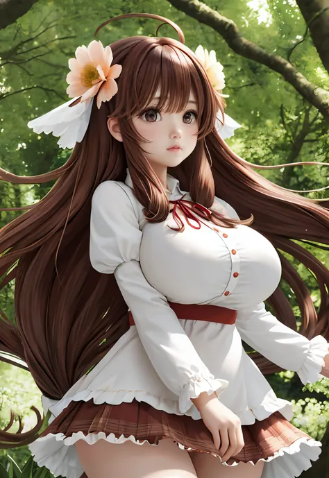 girl with flowers floating in the forest, flod, fluffly, Puffy cheeks, cute big breasts,
vivd colour, colorful art style, 
animemanga girl, (1个Giant Breast Girl:1.2), tmasterpiece, Best quality at best, The finest details, Optimal proportions, Best Anatomy...