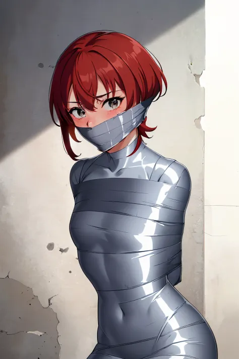 1girl, mummified, gagged, silver duct tape, off shoulder, bending over, arms behind back, red hair, short hair, blushing, small ...