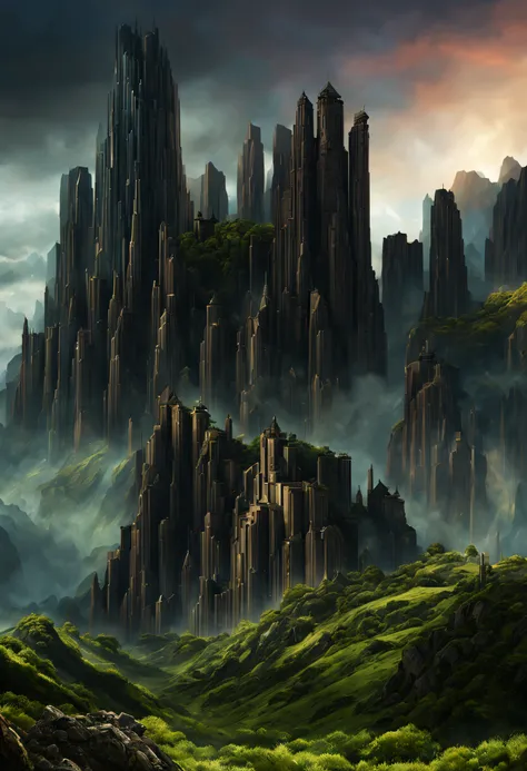 create a digital matte painting of a giant rocky forest for a sci-fi movie set with giant skyscrapers next to ancient stone temples embedded in the tall forest rocks ,in the sky of this illustration, um astronauta masculino com uniforme branco voa com o fo...