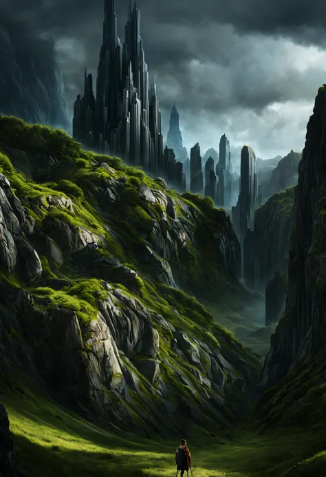 create a digital matte painting of a giant rocky forest for a sci-fi movie set with giant skyscrapers next to ancient stone temples embedded in the tall forest rocks ,in the sky of this illustration, um astronauta masculino com uniforme branco voa com o fo...