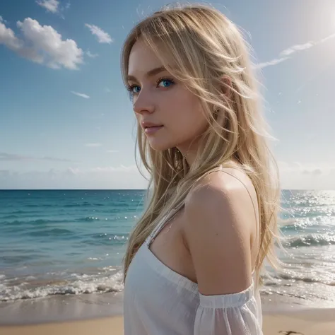 Masterpiece, best quality, (very detailed CG unity 8k wallpaperest quality), (best illustrationest shadows), 25 years old girl, blonde hair, blue eyes, white bikin, looking at the horizon, beach, photo from the side