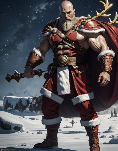 ((FULL_body)) “Masterpiece in 4K, epic style. | Kratos, o Deus da Guerra, veste um traje de Papai Noel enquanto enfrenta um ambiente gelado. The Christmas background highlights a sleigh and reindeer, adding a mystical touch to the scene. Kratos, with a ser...