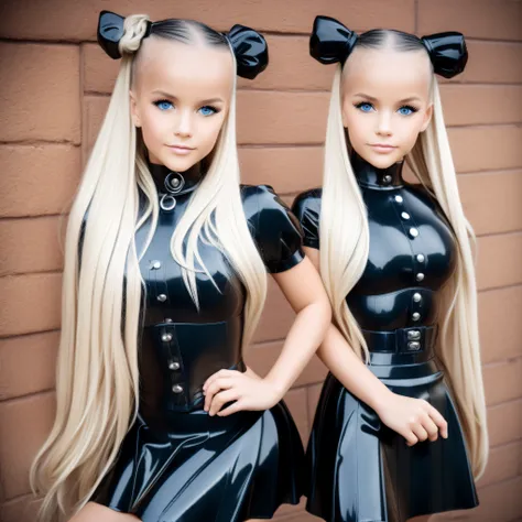 ((best quality)), ((meisterwerk)), (detailliert), perfektes gesicht,4 gorgeous young twin girls,blondes haar,space buns,rosa lat...