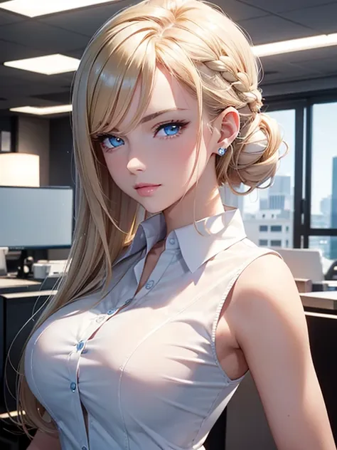 ultra detailed 8k cg, ultra realitsic, masterpiece, spotlight, office, cinematic lighting, cinematic bloom, professional photography, light blue eyes, blonde hair, updo hairstyle, swept-side bang, milf, elegant office worker, straight nose, thin lips, well...