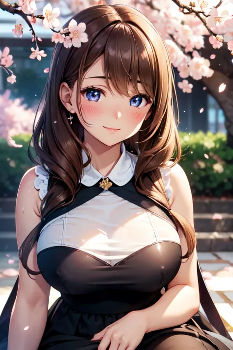 (High quality, High resolution, Fine details), Realistic, (Cherry Blossom Blizzard:1.2), solo, long black dress, curvy women, BREAK Light brown hair, sparkling eyes, (Detailed eyes), smile, blush, Sweat, Oily skin, Bokeh effect, Soft tones, shallow depth o...