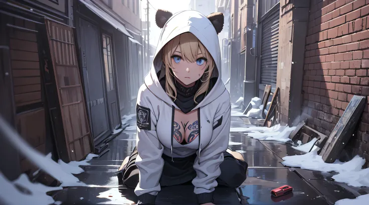 top-quality、Top image quality、​masterpiece、teens girl((Black underwear、White hoodie with open chest、Black skirt、18year old、 Ager、Best Bust、big bast,Beautiful light blue eyes, Long Blonde Hair、A slender,Large valleys、Reflecting the whole body、Leaning forwar...