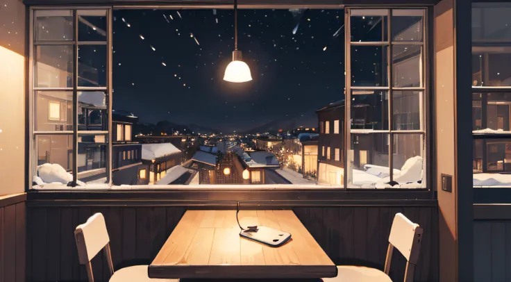 night cafe, interior, inside, window, table, chair, headphone, chill, snowing, quiet, high res, ultrasharp, 8k, masterpiece