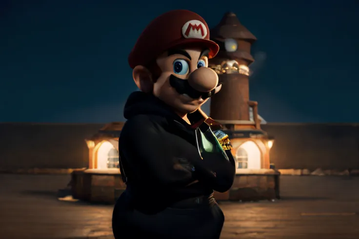 ((great quality)), (detailed), 1 guy, mario character, gangster outfit, wearing black hoodie, smoking a cigarette, at night