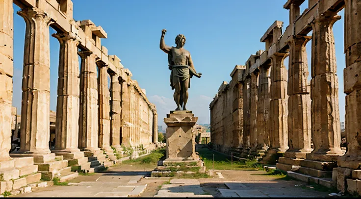 greek god statue, ancient greek infrastructure as background