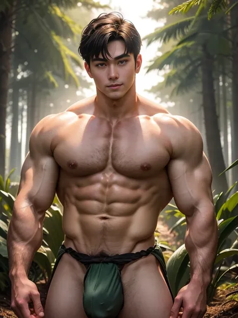 (hyper realisitc),Detailed Real,A handsome muscular young Asian guy， cool guy，Guardians of the Forest, godly presence, young god, 18yr old, care for plants, The beautiful, Smooth dark brown hair, 詳細な目, largeeyes, Green-eyed, Smile gently, large muscle, wea...