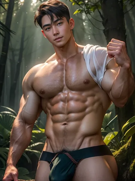 (hyper realisitc),Detailed Real,A handsome muscular young Asian guy， cool guy，Guardians of the Forest, godly presence, young god, 18yr old, care for plants, The beautiful, Smooth dark brown hair, 詳細な目, largeeyes, Green-eyed, Smile gently, large muscle, wea...