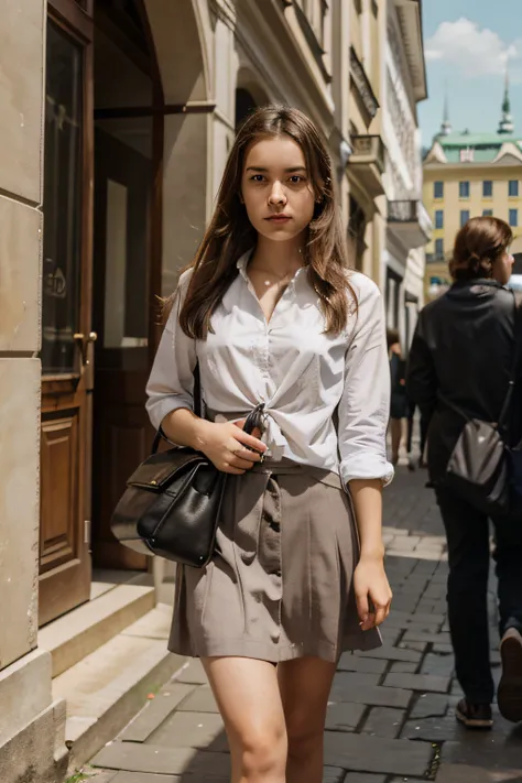 Girl in early 20ties, clothed, image of upper half, photo of vising Vienna