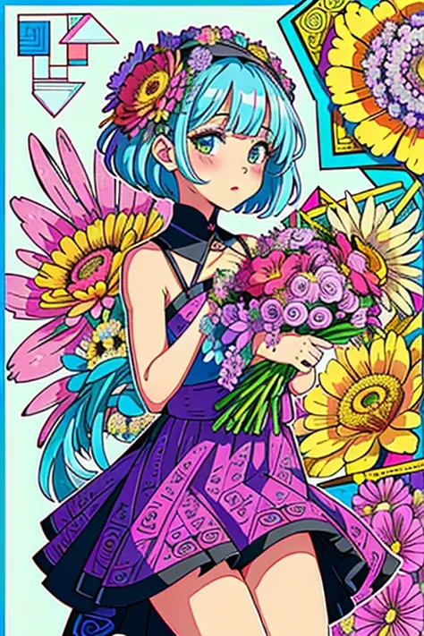 (ultra-detailed background, detailed background), absurdres, highres, ultra detailed, extremly detailed, 1girl, (bunch of flowers:1.3), (zentangle:1.2), (geometric:1.2),(colorful),