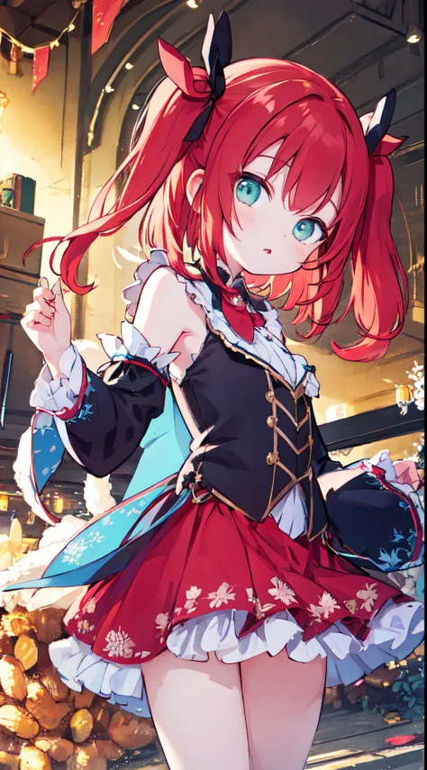 ruby kurosawa, aqua eyes, medium hair, red hair, two side up, twintails,  very short hair,