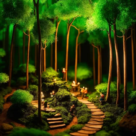 A masterpiece in the form of a wood forest world full of life inside a beautiful, illuminated miniature forest