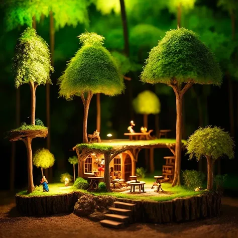 A masterpiece in the form of a wood forest world full of life inside a beautiful, illuminated miniature forest