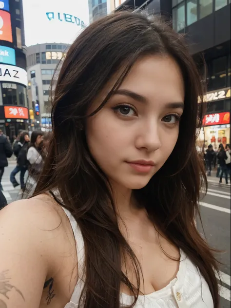 Photo of a 20 year old brunette woman., que tiene una cara muy natural, labios finos, Ojos delgados, cejas finas, nariz delgada, Pendientes, long eyeslashes. She takes a cute selfie at shibuya cross