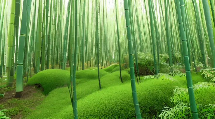 Close-up of bamboo forest，there are many tall trees, Original high-definition hand-painted scene of a wooden house with bamboo shoots under the bamboo forest