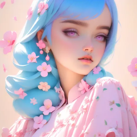 detail, Realism, 4K, 15-year-old girl, facial detailing, large pink eyes, Plump lips, Upturned nose, blue hair on pink hair, Wearing a flower patern dress, money in his hands, Flowers in the background, White butterfly in the foreground, Realistic shooting...